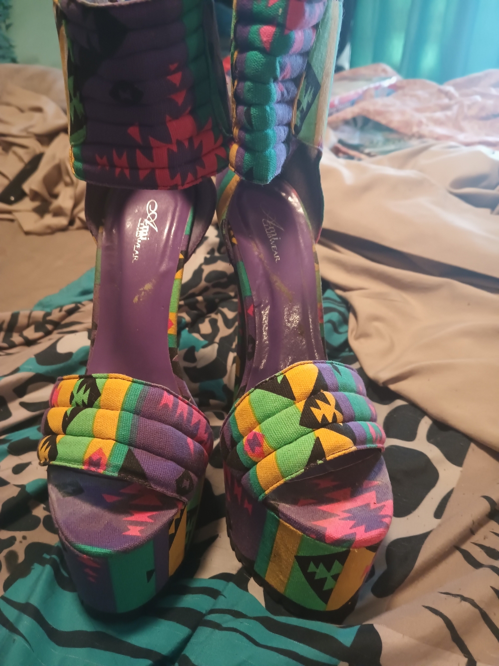 Aldo Purple Multicolor Aztec Platform Sandals